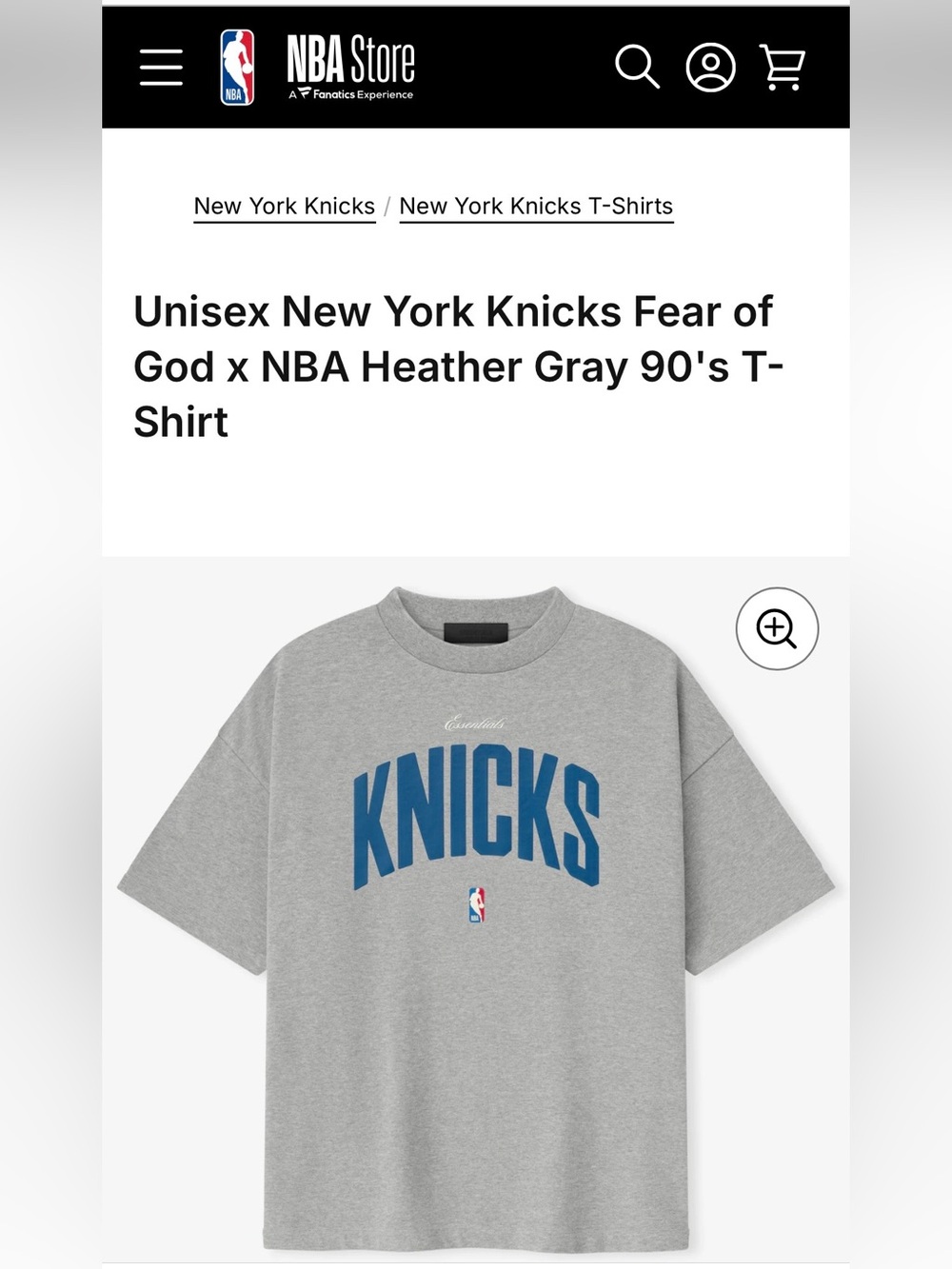 NWT Fear of God x NBA Knicks Heather Gray 'KNICKS' Tee Unisex XL